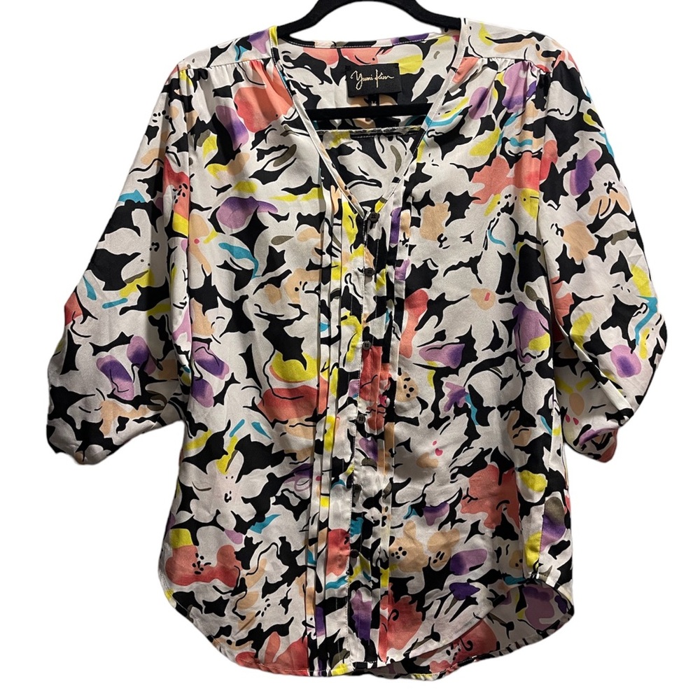 Yumi Kim silk floral blouse Sz M women's button down V-neck top roll-up sleeve